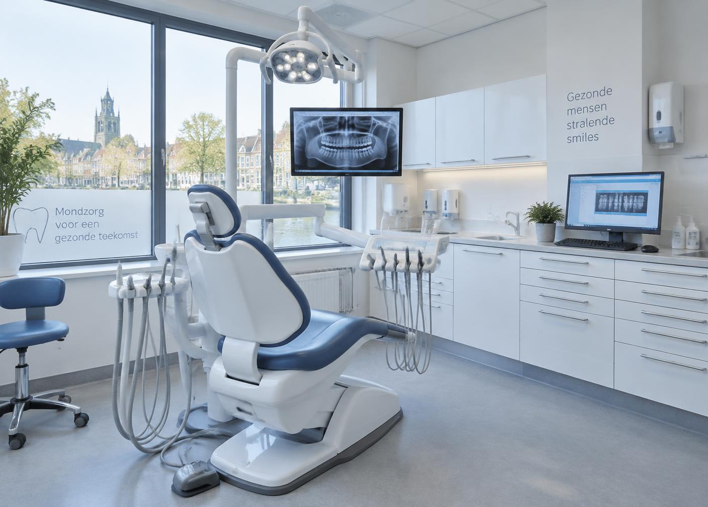 Behandelkamer van een tandartspraktijk met behandelstoel, röntgenbeeld op het scherm en een computerwerkplek